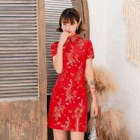 2020 ใหม่ฤดูร้อนแห่งชาติจีนชุด Cheongsam สั้นมังกรฟีนิกซ์ผู้หญิงแต่งตัวแยกชุดมินิ Qipao