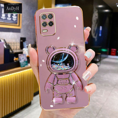 AnDyH Phone Case OPPO Realme 8 5G/Realme V13 5G/Realme Q3 5G/Realme Q3i 5G 6DStraight Edge Plating+Quicksand Astronauts who take you to explore space Bracket Soft Luxury High Quality New Protection Design