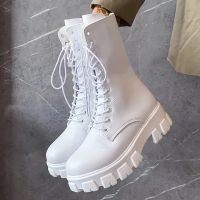 Women Motorcycle Boots Wedges Flat Shoes Woman High Heel Platform PU Leather Boots Lace Up Women Shoes Black Boots Girls