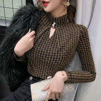 2021 Spring Summer Elastic Shiny Clothes Houndstooth T-shirt y Hollow Out Women Tops Ropa Mujer Bottoming Shirt Tees T02313