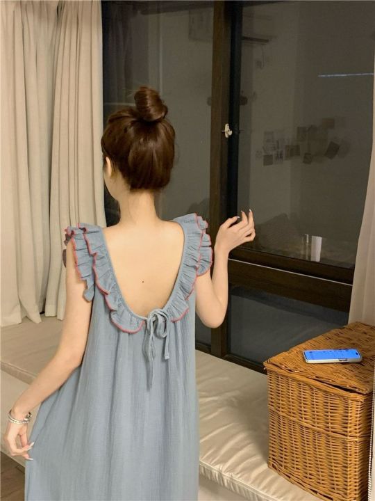 falbala-nightgown-หญิงฤดูร้อนใหม่หวานบริสุทธิ์สีรัดรูปลมพัดกระโปรงทรงโบว์ใช้ในครัวเรือนตุ๊กตา