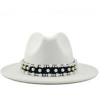 2020 Hot Men Women Wide Brim Wool Felt Fedora Panama Hat Pearl Belt Jazz Trilby Cap Party Formal Top Hat In White,Black