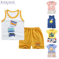 Kidlove ชุดสูทกางเกงขาสั้นสำหรับฤดูร้อนเด็ก2ชิ้นลายการ์ตูนน่ารักเสื้อแขนสั้นถังพิมพ์เด็กหญิงเด็กชายฤดูร้อน