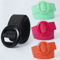 1pc Vintage Round Buckle Women Boho Braided Waist Band Thin Elastic Fake Straw Waist Belt Apparel Cinturon Mujer