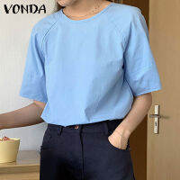 VONDA ผู้หญิงครึ่งแขนลูกเรือคอจีบท็อปส์ฤดูร้อนสบายๆถุงเสื้อเสื้อยืด (เกาหลีสาเหตุ)