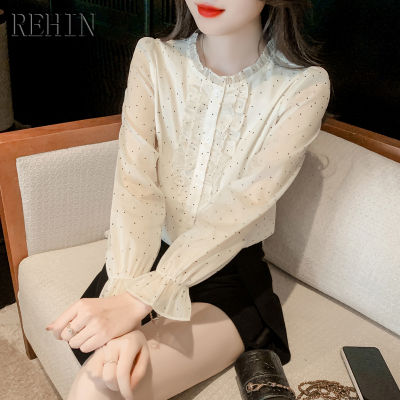 REHIN เสื้อเชิ๊ตผู้หญิง,เสื้อเชิ๊ตคอเสื้อแขนยาวมีระบายสไตล์ฝรั่งเศสใหม่ฤดูใบไม้ผลิเสื้อชีฟองหรูหรา