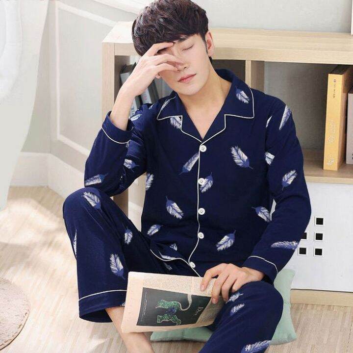 muji-high-quality-100-cotton-pajamas-mens-spring-and-autumn-long-sleeved-cotton-large-size-fat-guy-home-service-mens-cardigan-suit