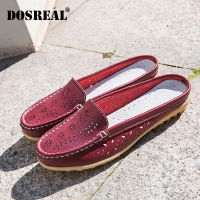 DOSREAL Korean Flats Shoes For Women Breathable Leather Shoes Casual Half Slippers Big Size 44 Soft Sole Loafers Women White Shoes