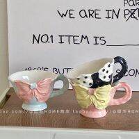 Korean hand-painted three-dimensional bowknot ceramic mug cute girly heart coffee cup niche high-value water cup 【Boutique】✆□﹍