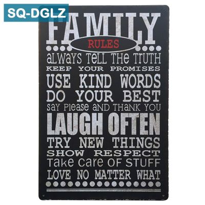 SQ-DGLZ Family Rules ป้ายโลหะ: ตกแต่งผนังย้อนยุคสำหรับร้านค้าบ้านและสำนักงาน