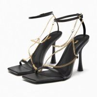 Spain 2023 summer new buckle sandals European and American za/raˉwomens shoes black chain details decorative leather high-heeled sandals