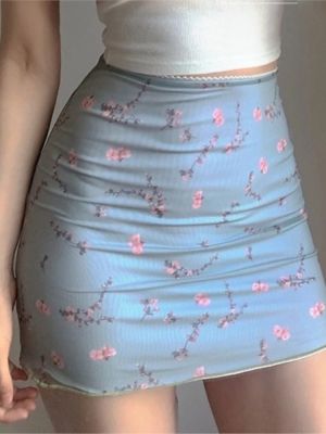 【CC】✻℡  Floral Print Mesh Waist Skirt Ladies Kawaii premium pastel Lace-up sweet Y2k