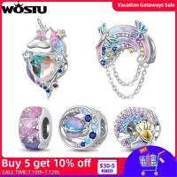 WOSTU Fantasy Series 925 Sterling Silver Unicorn Charm Mystic Heart Pendant Planet Rainbow Beads Fit celet Necklace DIY Gift