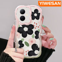 YIWESAN เคสสำหรับ VIVO Y76 Y76s Y74s 5กรัม Y36 Y77 Y77E 5กรัม Y78 Y78 5กรัม + 5กรัม IQOO Z6 Lite 5กรัมน้ำมันเคสภาพวาดดอกไม้สีดำสวยเนื้อครีมที่มีสีสันลายคลื่นขอบซิลิโคนนิ่มป้องกันการกระแทกเคสโทรศัพท์โปร่งใสเคสใส