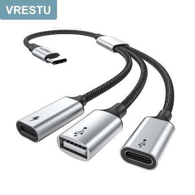 3 in 1 USB C to Dual USB C Type C OTG Adapter Dock 3 Ports USB Data PD60W Charging HUB Splitter Cable for Macbook iPad Google TV USB Hubs