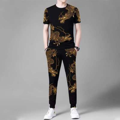 ┇❂♨ hnf531 Yushu Mens Suit Spring and Summer Trend Short-sleeved Casual Suit Male Chinese Style Clothes T-shirt Mens Sports SuitsShort Top Long Pants