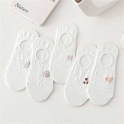 Dreamlikelin 5ถุงเท้าคู่ล็อตสไตล์เกาหลีหญิงฤดูใบไม้ผลิฤดูร้อนถุงเท้าสั้นหวานสีเขียวสีขาวดอกไม้ตัวอักษรถุงเท้า