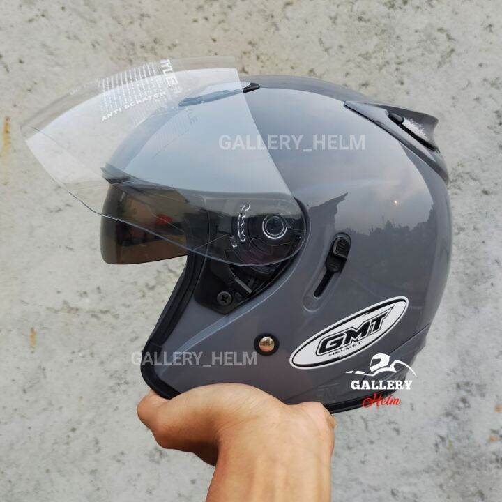 HELM GMT DARK GREY HELM HALF FACE DOUBLE VISOR Lazada Indonesia