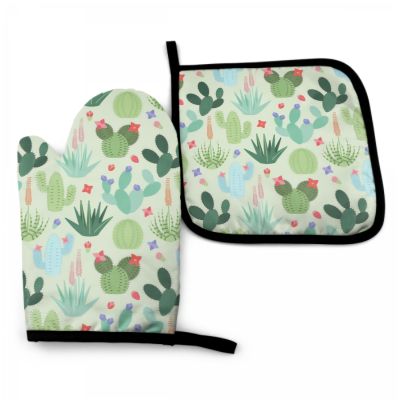 Lovely Cactus And Succulents Oven Mitt and Pot Holder Set Heat Resistant Kitchen Gloves with Inner Cotton Layer for Cooking BBQ