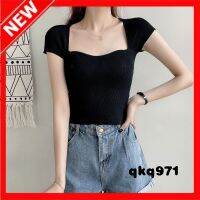 qkq971 T-Shirt For Women y Square-Neck Knitted T-Shirt Short Cropped Navel Short-Sleeved Top