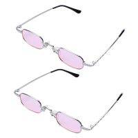 ♞ 2X Retro Punk Glasses Clear Square Sunglasses Female Retro Sunglasses Men Metal Frame-Pink Silver