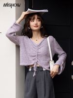 ► MISHOW Pleated Sweater for Korean Loose Vneck Pullover Short Knitted New Female Clothing MXB34Z0812