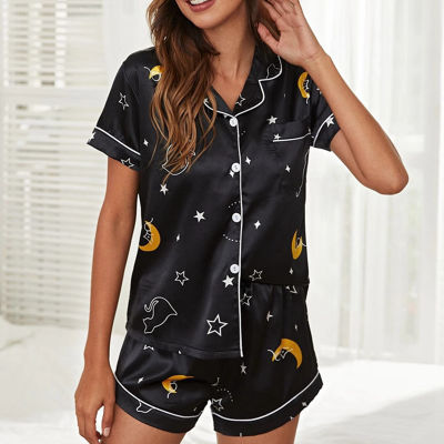 JULYS SONG Woman Pajamas Set 2 Pieces Stain Silk Women Sleepwear Summer Printed Pyjamas Sleeve Shorts Suit Homewear Loung Wear
