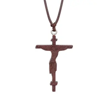 Wooden Cross Necklace Leather Cord For Men - Rosarycard.net
