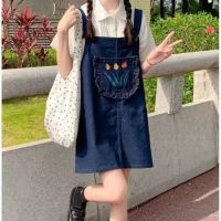 【Ready】? Girls 2023 denim suspender skirt suit new summer short-sleeved shirt middle and big childrens loose foreign style childrens clothing two pieces