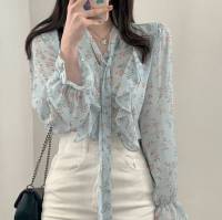 Bow-knot Chiffon Shirt Womens 2022 Spring New Style Floral Shirt Loose Long-sleeved Super Fairy Fashion Lace-up Top