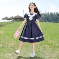 【Ready】? Girls summer dress 2023 new navy collar cotton skirt middle and big boys foreign style college style girl princess dress