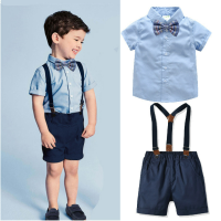 Summer Boy Clothes Formal Wear Gentleman Bow Tie Suspenders Shorts Shirt Four-piece Party Wedding Costume Childrens Suit