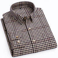 ผู้ชาย Flannel แขนยาว Premium Heavy Cotton เสื้อสไตล์อังกฤษ Casual Standard-Fit Plaid Striped Thick Soft Brushed Shirts