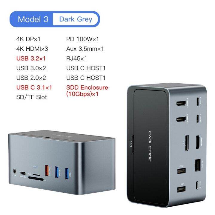 cabletime-แท่นเสียบ-usb-usb-c-hub-4k-60hz-อะแดปเตอร์-ssd-m-2-pd100w-1000mbps-usb3-0สถานีทำงาน-feona