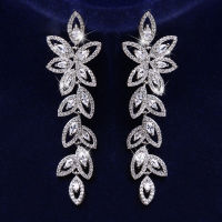 Luxury Flower Leaf Zirconia Women Statement Long Drop Earring Wedding Party Bridal Dubai Jewelry Gift