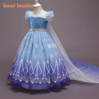 Bear Leader Frozen 2 Elsa Princess Dress พิมพ์เลื่อมตาข่ายแต่งตัวสาวแขนสั้นกระโปรงขนาดใหญ่