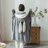 Cute Rabbit Ear Wearable Cloak Hooded Blanket Winter Soft Warm Flannel Cape Sofa Bed Cover Nap Throw Blanket Adult Child Gift