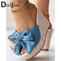 ﹍℗☄ Brand New Peep Toe Platform Slides Fashion Denim Bow Wedges High Heels womens Slippers Casual Party Daily Sandal Woman Shoes