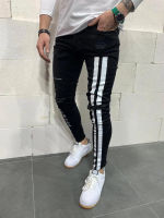 2021Ripped Pencil Jeans Men Skinny Hole Splicing Biker Side Striped Jeans Destroyed Hole Hip Hop Slim Fit Jean Mens Pant