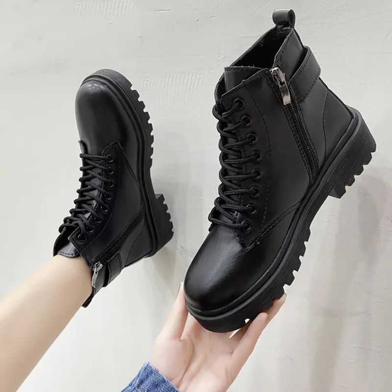 black round toe lace up boots