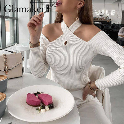 Glamaker White knitted hollow sexy winter cold shoulder sweaters Slim High street women chic jumper Elegant fashion basic tops