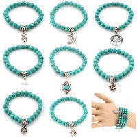 อินเทรนด์สีฟ้า Turquoises สร้อยข้อมือหินผู้ชายผู้หญิง Strand สร้อยข้อมือลูกปัด Handmade Life Tree Cross สร้อยข้อมือและกำไล Gift