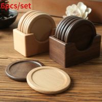 1/6 Pieces Wooden Coasters Set Black Walnut Solid Wood Round Table Mat Heat Insulation Pad Box Bottom Holder Placemat