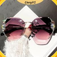 CHONGXI ย้อนยุค การ UV400 แว่นตาผู้หญิง แว่นกันแดดไร้ขอบ ไล่ระดับสี แว่นตากันแดดพลอยเทียม แว่นตากันแดดผู้หญิง