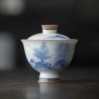 ภาพวาดด้วยมือ Landcape Gaiwan สำหรับหม้ออบเซรามิกชาพร้อมฝาถ้วยชาจีนสีฟ้าอ่อนจีน Chawan Lily Deng S Store