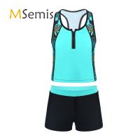 HOT★Kids Girls Tankini Swimsuit Set 3 Piece Floral Print Sleeveless Swimwear Racerback Tank Vest Shirt Short and Bikini Triangle