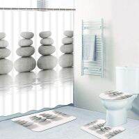 4 Pcs Zen Stone Shower Curtain Set with Rug Toilet Lid Cover and Bath Mat Grey and White Meditation Peaceful Bathroom Decor