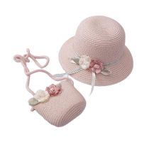 [Hat vendor]หมวกฟางลายดอกไม้แฟชั่นเด็กผู้หญิง2ชิ้นน่ารักลำลองหมวกบังแดดชายหาดกันแดดระบายอากาศหวานมีกระเป๋าชุดเด็กผู้หญิง2 7ปี