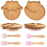 3Pcs Wooden Dinner Plate Silicone Suction Cup Kids Feeding Tableware Bamboo Wood Non-slip Dinnerware Baby Feeding Plate Free BPA Bowl Fork Spoon Sets