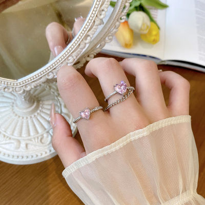 แหวนหัวใจคริสตัลสีชมพูแบบไม่สม่ำเสมอ Y2K วินเทจเพทายที่เป็นประกายรักแหวนเปิดนิ้วสำหรับผู้หญิงพังก์ปาร์ตี้เครื่องประดับของขวัญ